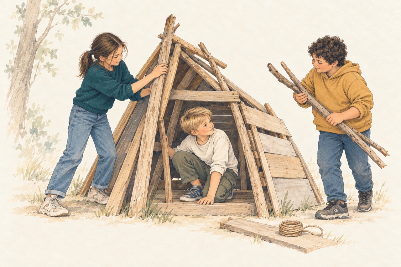 Three children build a hut together out of branches and boards. One child holds a piece of wood in place, one brings branches, a third tries out the entrance.