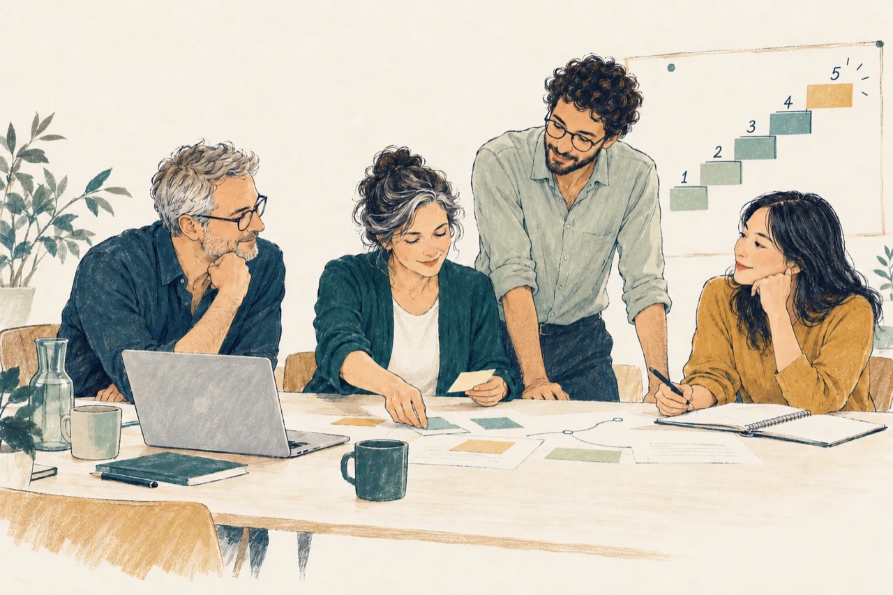 Illustration: A team works together at a table. In the background, five numbered steps build on one another.