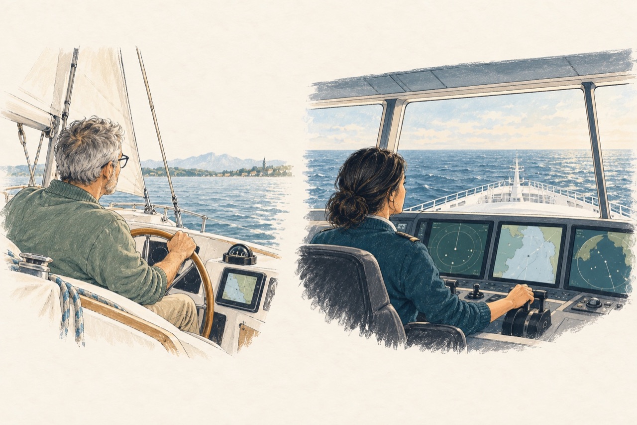Two helms: a sailboat with a compass on a lake and a large ship with radar and navigation displays on the open sea.