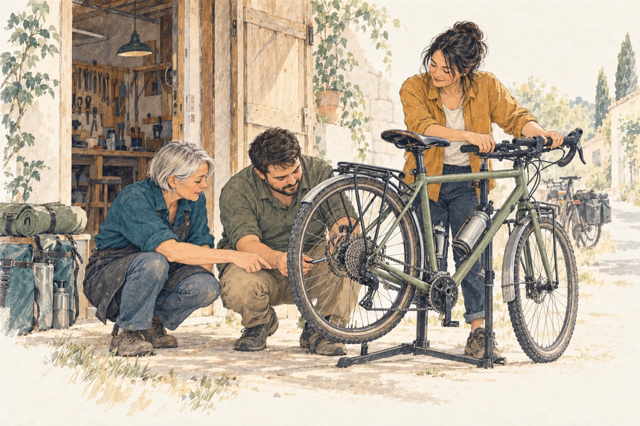 An experienced bike mechanic helps two travelers prepare their touring bike. She shows a move on the gears that one of the travelers tries out himself.