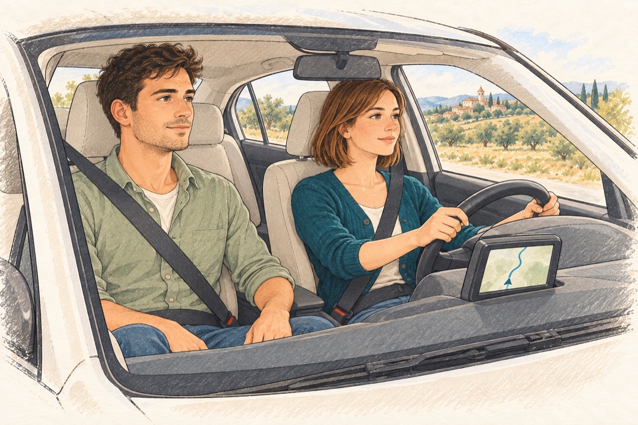 A young couple sits buckled up in a car. The woman at the wheel is driving; a navigation device supports their journey.