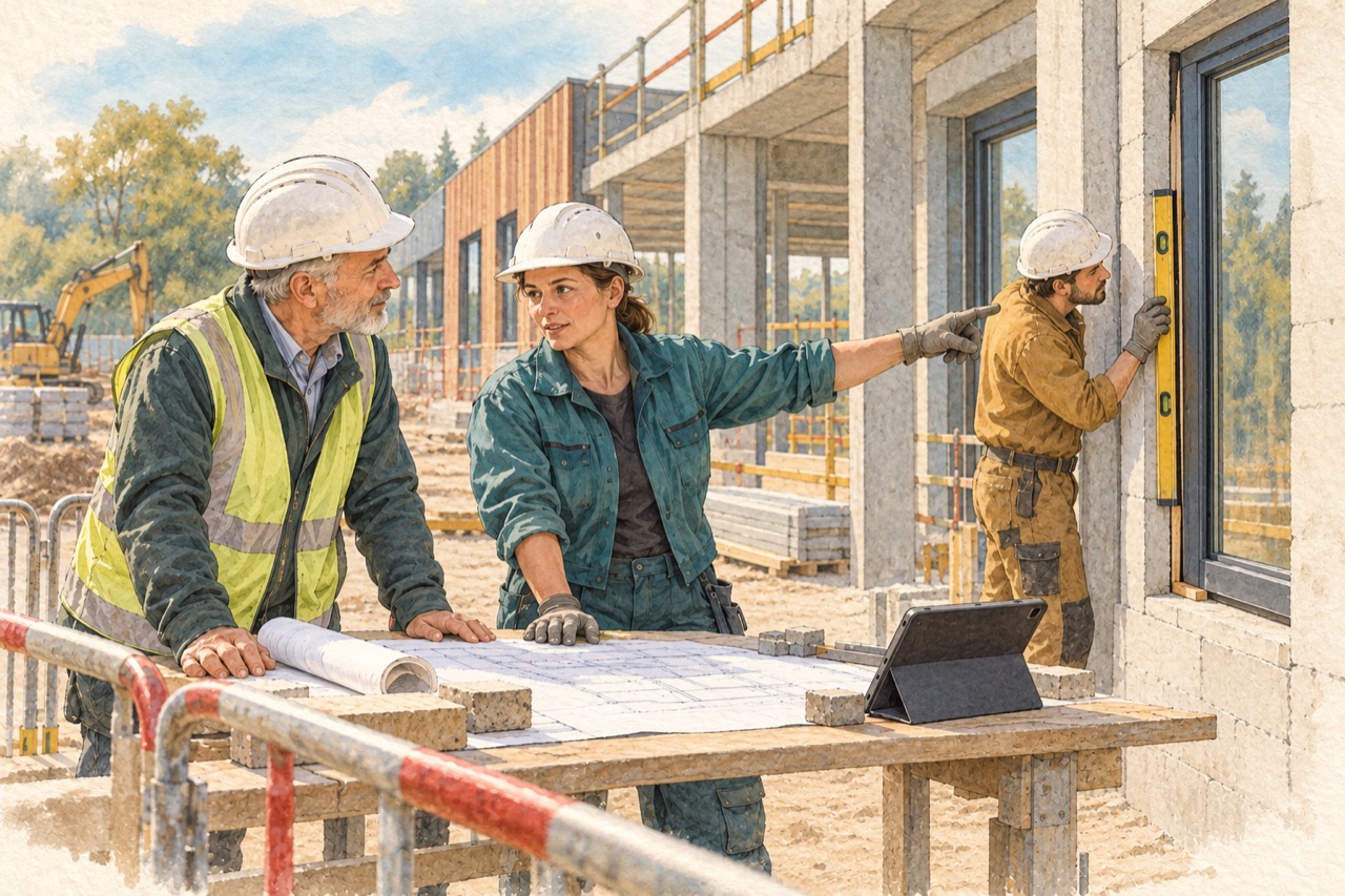 A planner and a tradeswoman discuss an observation. Behind them, a tradesman checks the window frame and the uneven joint with a spirit level.